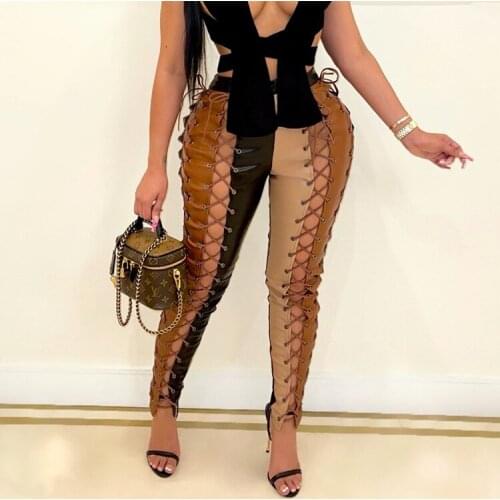 Pu Faux Leather Pants High Waist Pencil Skinny PU Leather Trousers Clubwear One Leg Cut Out Pencil Bandage Bodycon Trousers