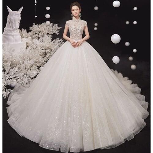 Full Beaded Crystal Shiny Gorgeous Ball Gown Wedding Dress Vestido De Noiva Princesa High Neck Short Sleeve Princess Dresses