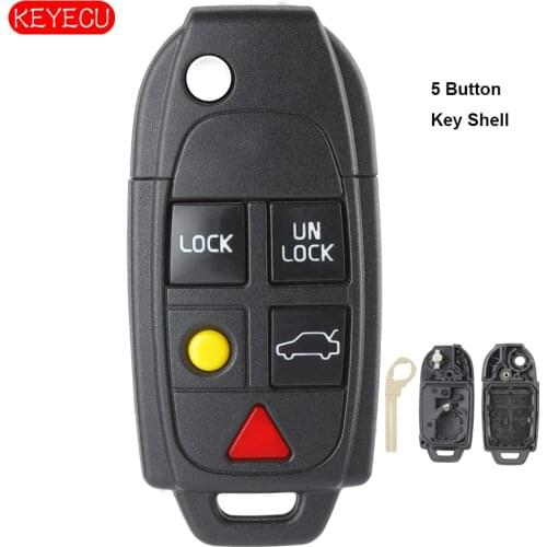 Keyecu Flip 5 Button Remote Key Case FOB Replacement for VOLVO S60 S80 V70 XC70 XC90
