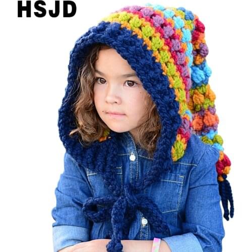 Kids Winter Hats Handmade Crochet Elf Beanie Hat Children Warm Knitted Rainbow False Collar Elf Hat Hooded Cap Boy Girl Xmas Cap