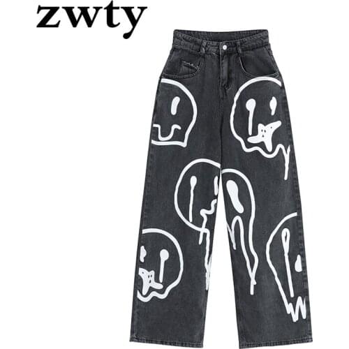 ZWTY Spring Fashion Ins Street Hip-hop Printing Wash Jeans Loose Casual Denim Wide Leg Pants Tide Woman 2021 New