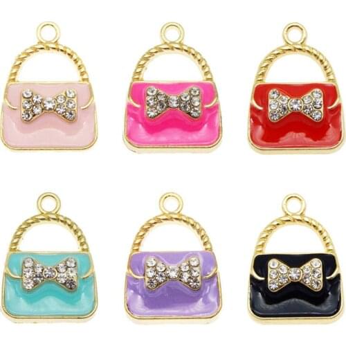 Julie Wang 6PCS Enamel Bag Charms Mixed Colors Rhinestone Handbag Alloy Women Purse Bag Pendant Jewelry Making Accessory