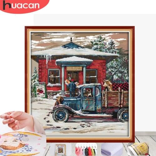 HUACAN Cross Stitch Embroidery Christmas Scenery Needlework Sets For Full Kits White Canvas DIY Winter Gift Home Decor 14CT