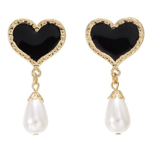 Fashion earrings black enamel heart earrings female temperament pure sweet pearl beaded pendant earrings for women jewelry