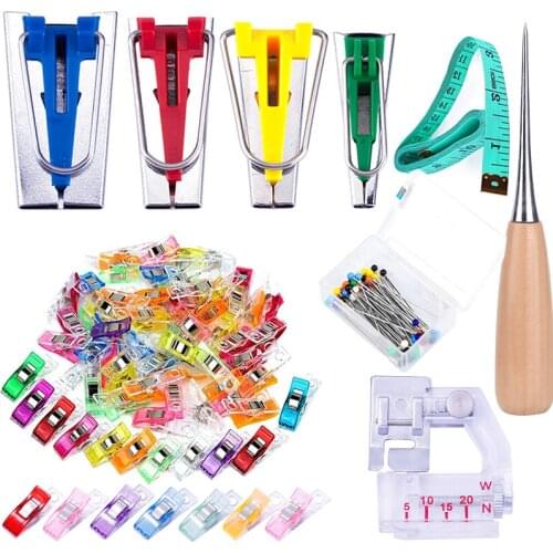 Bias Tape Tool Kit with Instruction, 4 Sizes Bias Tape Maker with 60 Pcs Sewing Clips, 50 Pcs Ball Point Pins, Awl