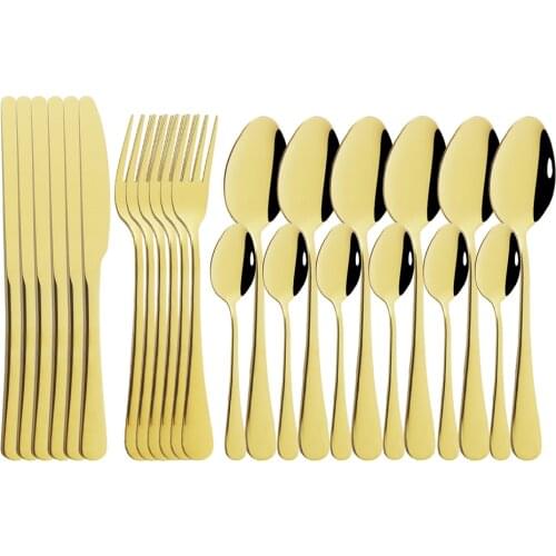 24Pcs Gold Dinnerware Set Mirror Stainless Steel Tableware Cutlery Set Knife Fork Coffee Spoon Flatware Set Dishwasher Safe