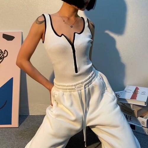 European and American spring and summer new high-waist one-piece womens vest knitted color block stretch one-piece with crotch
