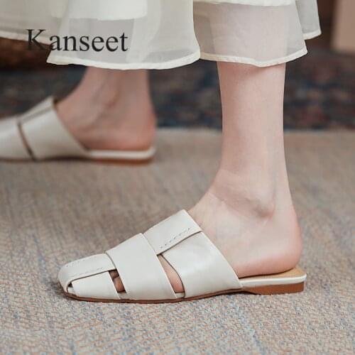 Kanseet 2021 New Arrival Women Shoes Summer Genuine Leather Fashion Design Elegant Handmade High Quality Low Heels Slippers