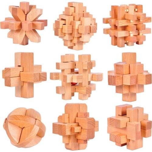 9PCS/Set Beech Wood IQ Burr Interlocking Puzzles Mind Brain Teaser Wooden Puzzles Game for Adults Children