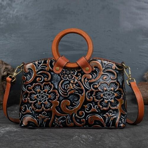 Luxury Women Handbag 2021 Winter Vintage Floral Tote Bag Handmade Embossed Genuine Cow Leather Leisure Shoulder Messenger Bags