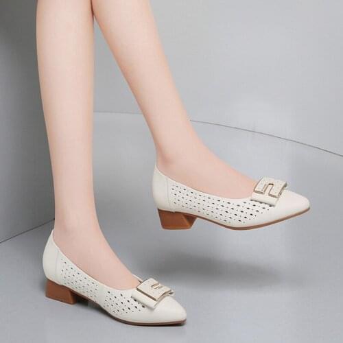 Genuine Leather pumps Shallow womens shoes Classics shoes ladies Low-heel shoes hollow pointed toe Slip-On Soft bottom