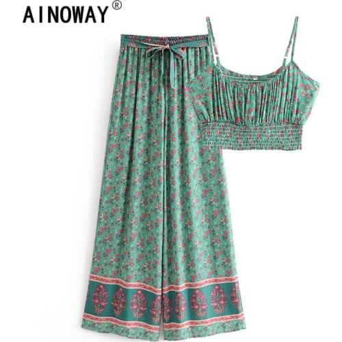 Vintage chic Women two piece outfits strap Sleeveless tops Bohemian sashes Drawstring pants 2 pieces rayon cotton Boho sets