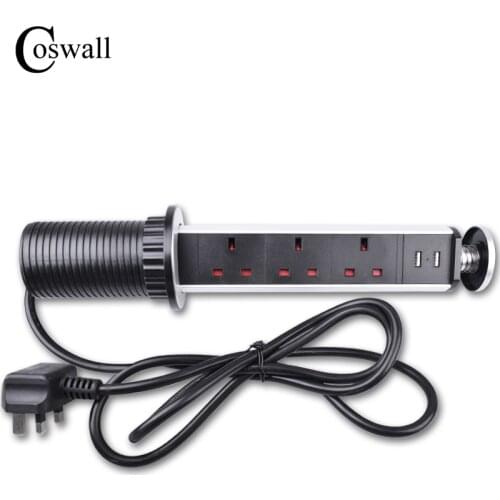 COSWALL 13A PULL POP UP 3 Power Socket 2 USB Charging Port Kitchen Table Desktop Sockets Retractable Countertops Worktop UK Plug
