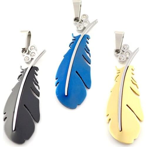High Quality Feather Shape Pendant With CZ Beads Setting 316L Titanium Steel Jewelry For Men and Women 10pc/lot