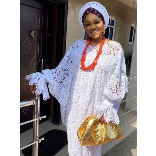 Women Clothes Hollow Out Lace O Neck Solid Batwing Sleeve Long Dress Elegant 2 Pieces Set African Robe with inner dresses