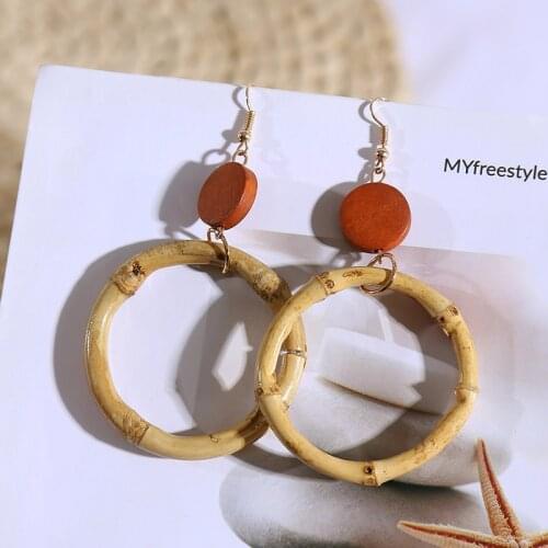Bohemian Natural Bamboo Round Geometric Drop Earrings For Women 2019 Fashion Boho Wooden Beaded Dangle Earring Ladies Jewelry
