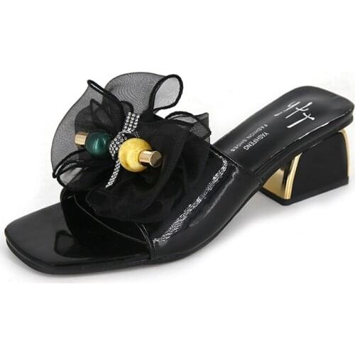 Plus Size 35-43 Women Slippers High Heels Dress Shoes Woman Slides Peep Toe Pumps Ball Slipper Lace Shoes zapatos mujer 8073G