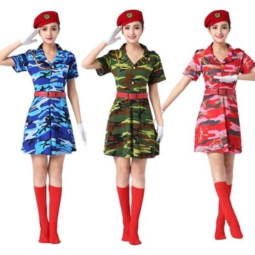 Square Dance Performance Stage Costume Blue Green Red Summer Women Military Clothing Camouflage Suits Woman Soldier Dance Dress