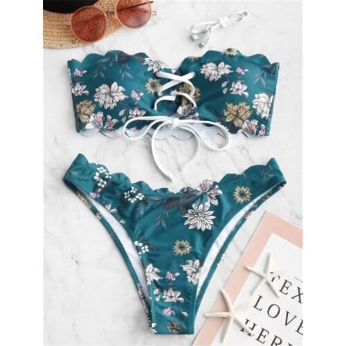 Ruffled Swimwear Women Green Floral Print Off Shoulder Strapless Bikini Bandeau Lace Up Bandage Bathing Suit High Waist Swimsuit