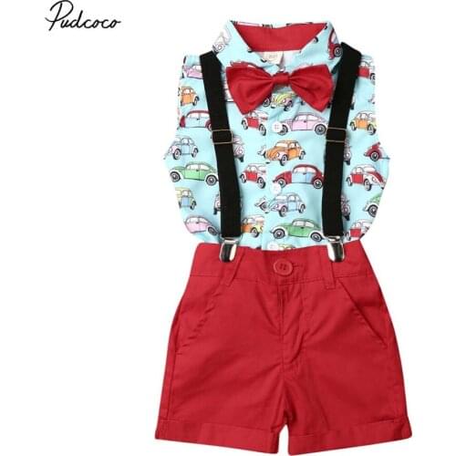2019 Baby Summer Clothing Kids Baby Boy Suit Wedding Bowtie Gentleman Shirt Overalls Bib Pants Cars Print 2Pcs Outfit Set 1-5T