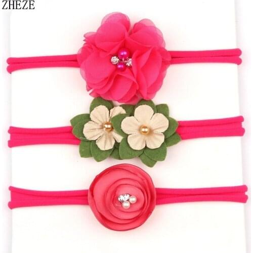 3Pcs/Set News Nylon Headband With Flower Chiffon Pearl Flower Hair Accessories For Kids Newborn Girls Children Headwear