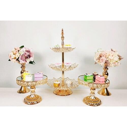 1pcs -9pcs 3 tiers new style crystal high grade electroplate mirror cake stand metal wedding cake rack cake tray