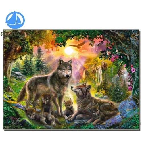 "Wolf family"5D DIY Diamond Painting sunrise forest landscape Full Drill Resin Diamond Embroidery animal Cross Stitch Home Decor
