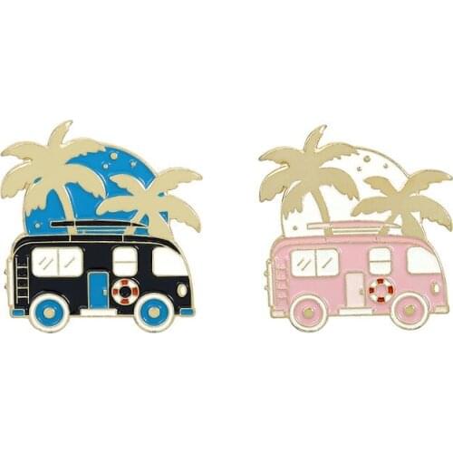 Outdoor tour car bus coconut tree Cute cartoon enamel Brooches for friends New women jewelry pins