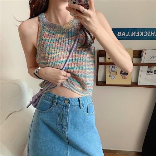 O Neck Colorful Woolen Knitwear Rainbow Halterneck Sleeveless Sweater Vest Ladys Tops