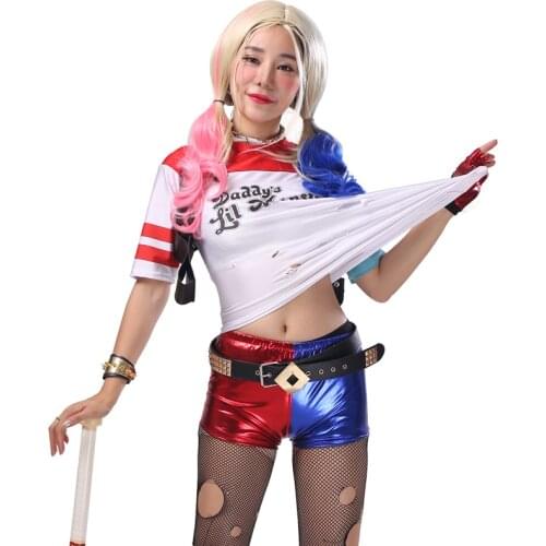 Anime frozen dress harley costume quinn girl wig shirt bat kids adult suit Women Tops Accessories Arkham Shelter City