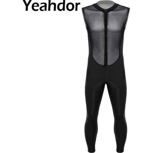Mens One-piece Wetlook Patent Leather Sheer Mesh Splice Bodysuit Man Sleeveless Double Zipper Leotard Homme Male Sexy Jumpsuit