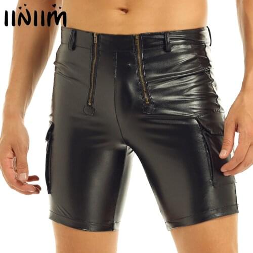 Iiniim Mens Welook Fashion Clubwear Sexy Short Leather Front Zippered Pouch Jockstraps with Pockets Carpenter Night Club Shorts