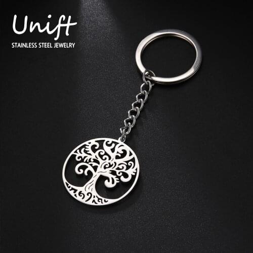 Unift Tree of Life Round Keychain Finder Pendant for Bag Amulet Viking Stainless Steel Car Keychain for Gift 2021 New