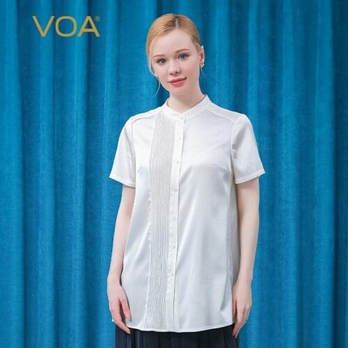 VOA Silk Satin Stand Collar Short Sleeve Single-breasted Jacquard Stitching White Smooth Breathable Literary Shirt Summer BE623