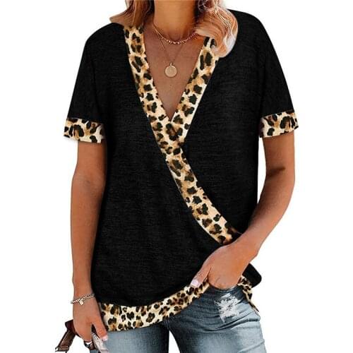 Spring And Summer New Womens Clothing V Neck Sexy Casual Loose Leopard Print Color Matching Short Sleeve T Shirt Top Women