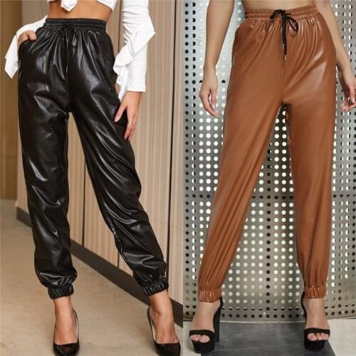 2021 Women Solid Color Trousers Adults High Waist PU Leather Ankle-tied Pants with Drawstring Slant Pocket