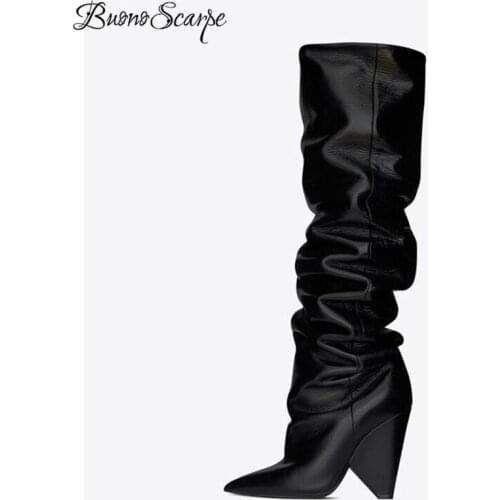 Women Boots Slip On Knee High Boots Cone Heels Pleated Fashion High Heels Ladies Brand Design Shoes Knight Shoe