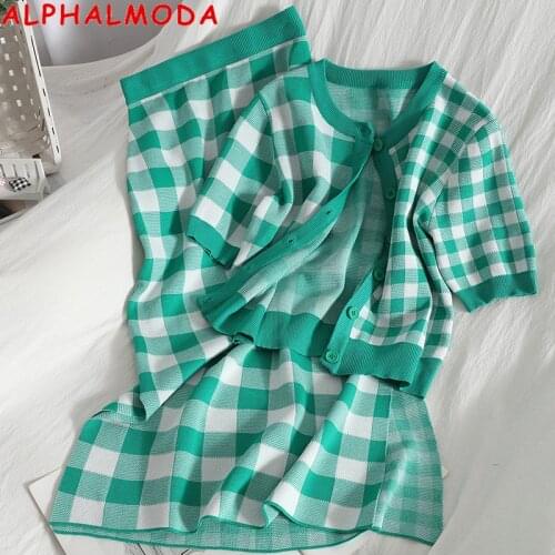 ALPHALMODA New Single Breasted Cardigan Top + Side Split Buttock Skirt Age Reducing Knitted Plaid Two Piece Suit for Women