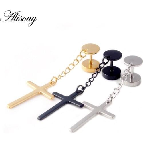 Alisouy 2PCS Punk Gothic Stainless Steel Stud Earring Cross Round Fake ear taper dumbbell Fashion Women Mens Rock Style Jewelry
