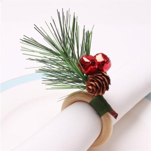 6Pcs/12Pcs Christmas Table Decoration Pine Cone Napkin Ring Bells Cedar Napkin Buckle Wooden Napkin Ring