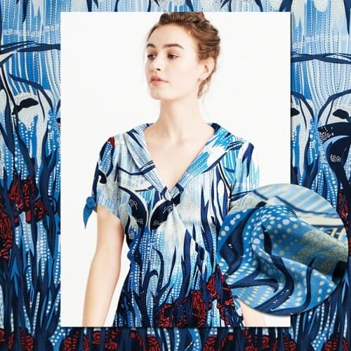 Abstract floral and dots print pure silk crepe de chine fabric, blue tones, sewing for shirt, dress, skirt, craft by the piece