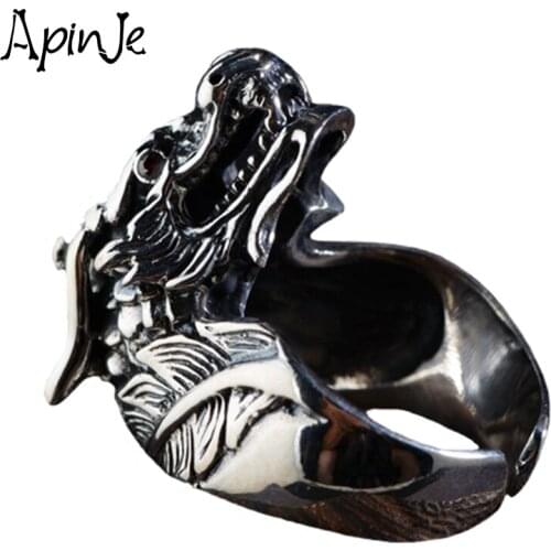 Apinje Thai Silver Ring 925 Sterling Silver Dragon Open Ring for Men Jewelry