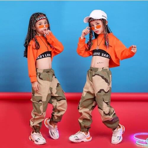 Kid Cool Ballroom Hip Hop Clothing Sweatshirt Top Crop Camouflage Running Casual Pants for Girl Jazz Dance Costume Clothes Wear