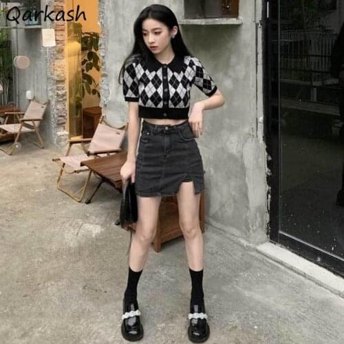 Cardigan Women Maiden England Preppy Style Crop Sweater Sexy Girls Kawaii Sweet Cozy Slim Argyle Turn-down Collar Teen Vintage