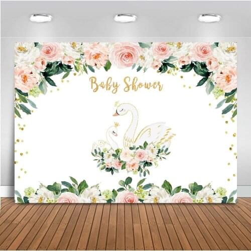 Neoback White Swan Themed Baby Shower Backdrop Flowers Rose Newborn Birthday Party Photo Background Girl Children Photocall