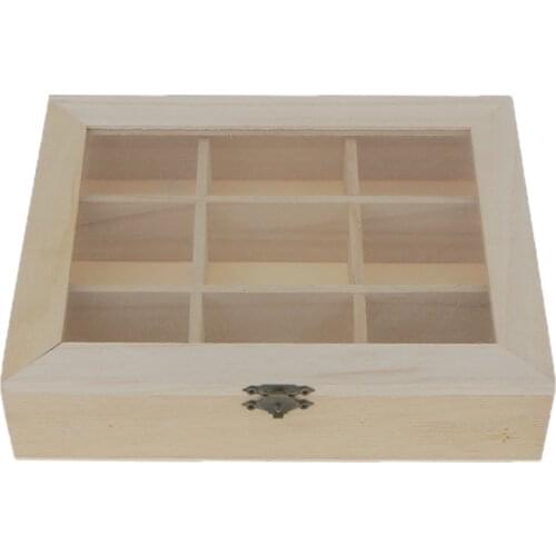 UNPAINTED PLAIN WOODEN GLASS LID 9 GRIDS CHEST JEWELRY STORAGE BOX ART CRAFT