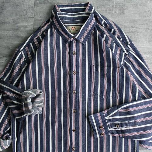 Autumn New Japanese Retro Raglan Sleeve Woven Loose Long Sleeve Stripe Shirt Mens Fashion Washed Old Casual Plus Size Blouses
