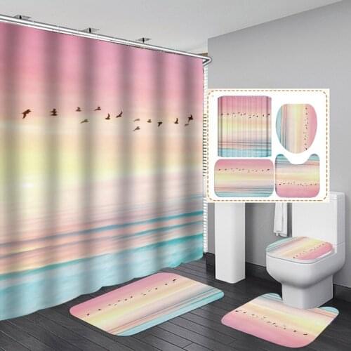 Scenery Pattern 3D Shower Curtain 4pcs Set Waterproof Polyester Fabric Non-Slip U Shape Mat Rug Toilet Print Cover + 12 Hooks