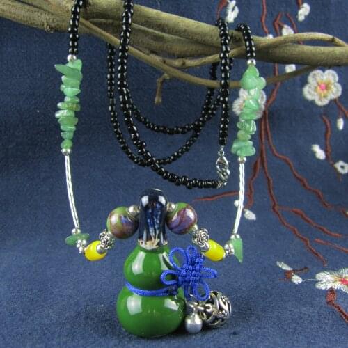 Vintage Nepal Long Buddhist Mala Stone Beaded Pendant & Necklace Ethnic Ceramic Gourd Bell Lucky Jewelry for Women