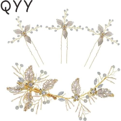 QYY Handmade Leaf Hair Pins for Women Accessories Gold Color Handmade Rhinestone Hair Clips Party Wedding Headpiece Jewelry